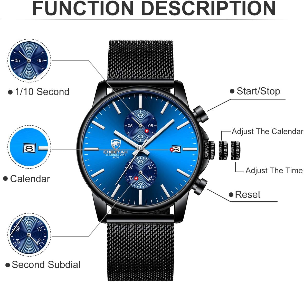 HOTGOLDEN HOUR Mens Watch Fashion Sleek Minimalist Quartz Analog Mesh Stainless Steel Waterproof Chronograph Watches for Men with Auto Date