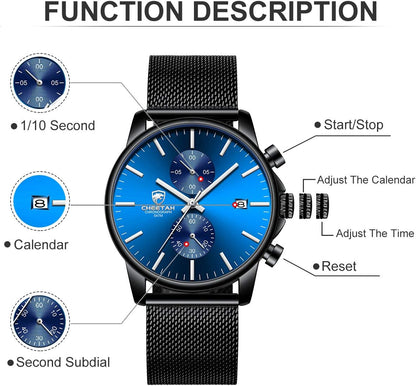 HOTGOLDEN HOUR Mens Watch Fashion Sleek Minimalist Quartz Analog Mesh Stainless Steel Waterproof Chronograph Watches for Men with Auto Date