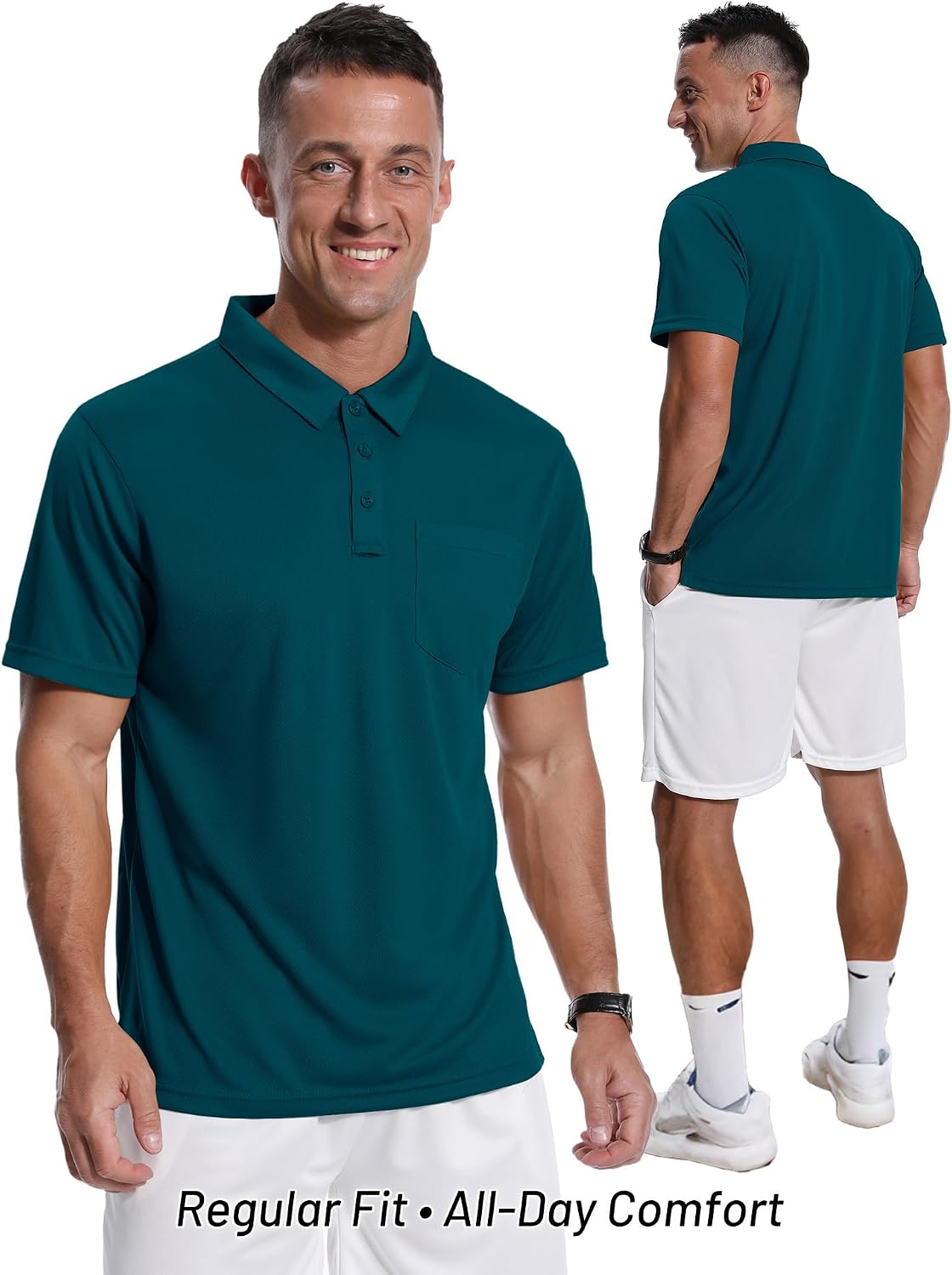 HOTZITY Men's 3 Pack Polo Shirts Short Sleeve with Pocket Moisture Wicking Casual Work Golf Lightweight Collared T-Shirts