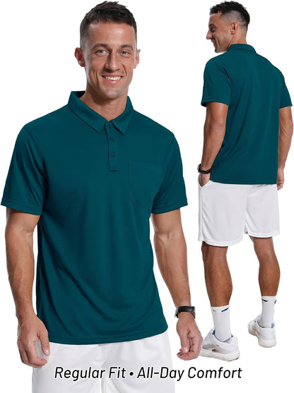 HOTZITY Men's 3 Pack Polo Shirts Short Sleeve with Pocket Moisture Wicking Casual Work Golf Lightweight Collared T-Shirts