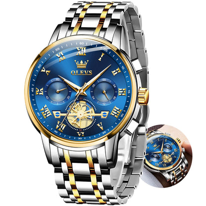 HOTOLEVS Watches for Men with Date Luxury Big Face Waterproof Mens Wristwatch Analog Dress Two Tone Stainless Steel Man Watch Luminous Relojes De Hombre Calendar(Green/Blue/Black Dial