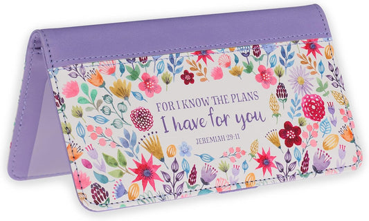 HOTChristian Art Gifts Purple Faux Leather Checkbook Cover for Women with Scripture - For I Know The Plans - Checkbook Covers for Duplicate Checks, ID, Credit Cards, & Pen Loop Holders - Jeremiah 29:11