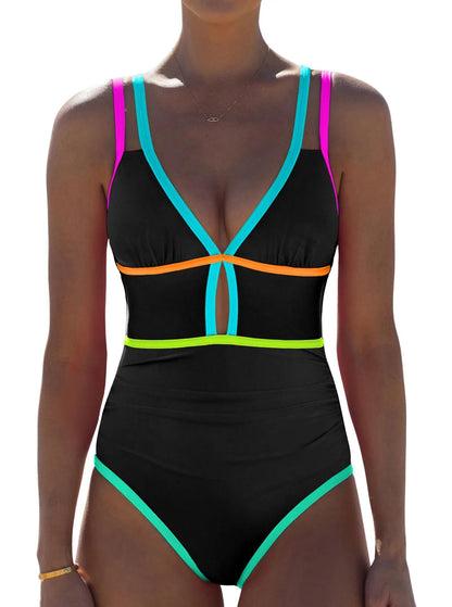 HOTpopvil Women One Piece Swimsuit 2026 Neon Tummy Control Bathing Suit | Tummy Ruched Design, Color Block, Cutout Design, Deep V Neck, Back tie,Adjustable Straps, Neon Trim,Vacation,Beach
