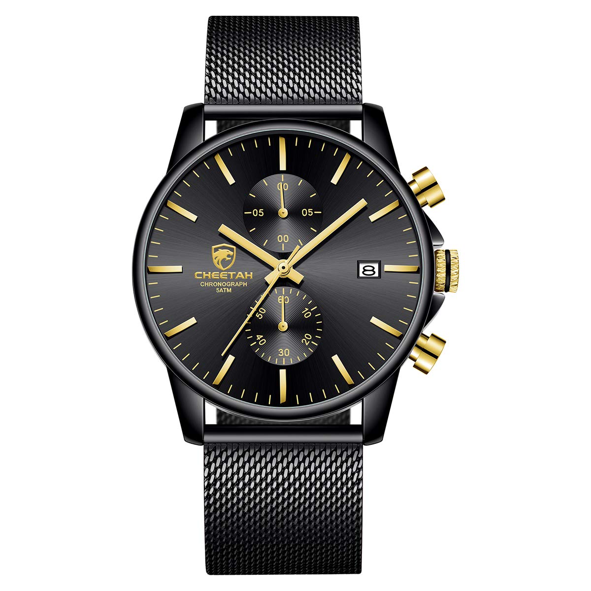 HOTGOLDEN HOUR Mens Watch Fashion Sleek Minimalist Quartz Analog Mesh Stainless Steel Waterproof Chronograph Watches for Men with Auto Date