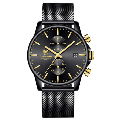 HOTGOLDEN HOUR Mens Watch Fashion Sleek Minimalist Quartz Analog Mesh Stainless Steel Waterproof Chronograph Watches for Men with Auto Date