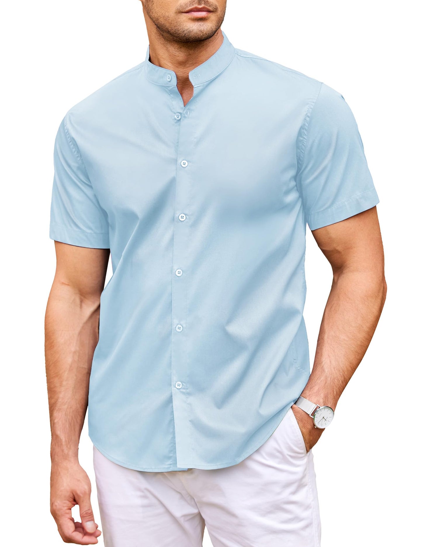HOTCOOFANDY Muscle Fit Dress Shirts for Men Banded Collar Casual Button Down Shirts