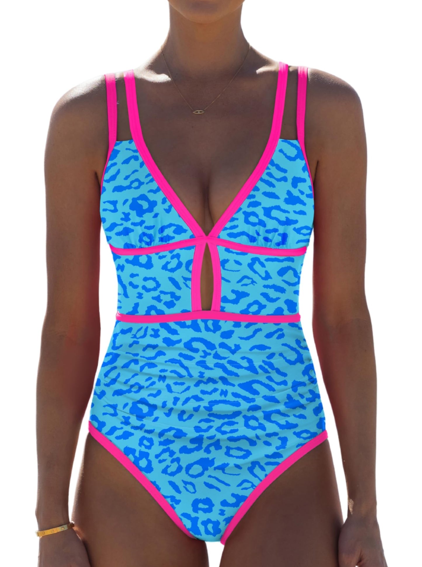 HOTpopvil Women One Piece Swimsuit 2026 Neon Tummy Control Bathing Suit | Tummy Ruched Design, Color Block, Cutout Design, Deep V Neck, Back tie,Adjustable Straps, Neon Trim,Vacation,Beach