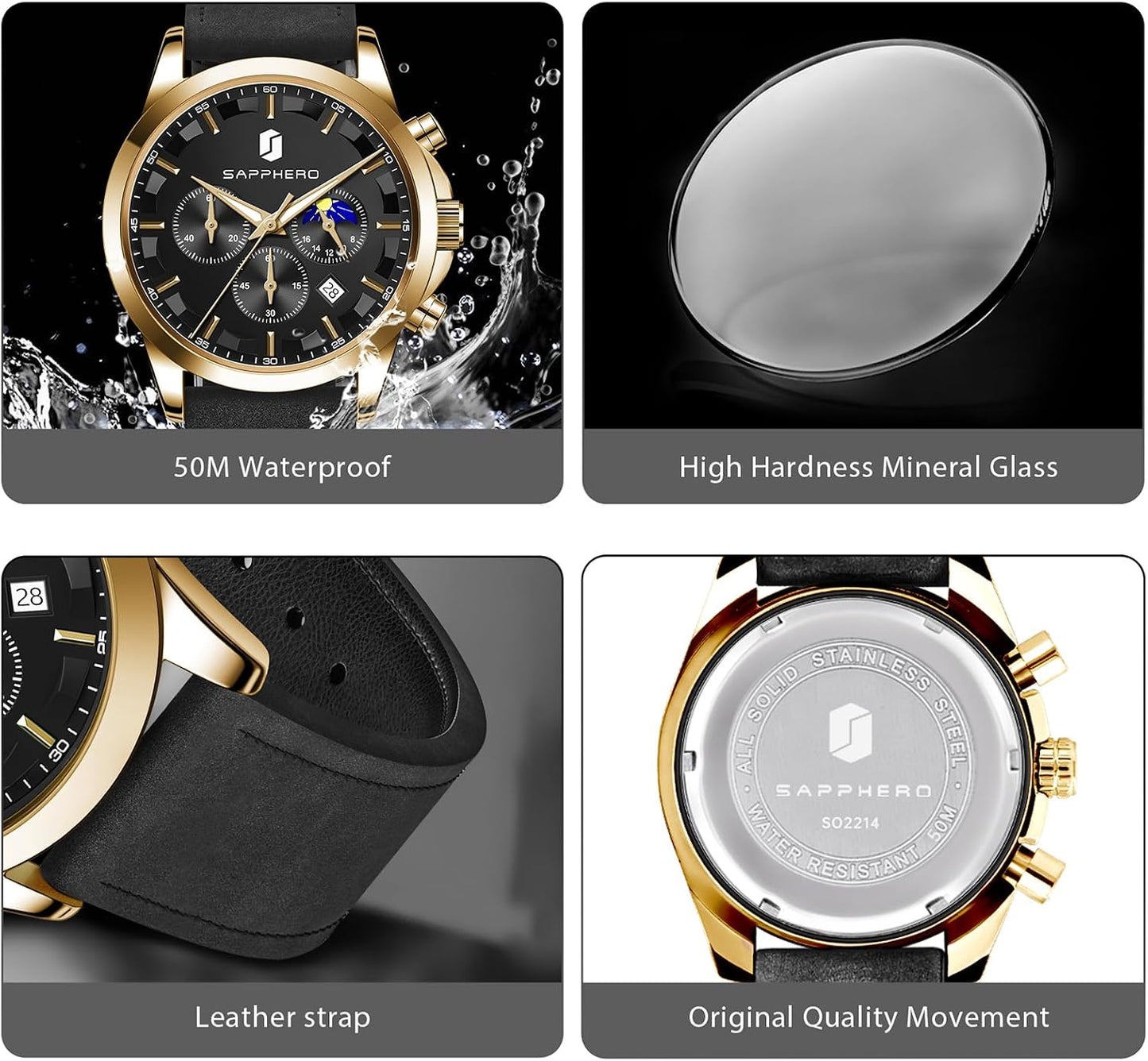 HOTSAPPHERO Chronograph Watches for Men, Original Business Casual Stainless Steel Analog Watch 50M Waterproof Luminous Watches with Date Dial, Mens Gift