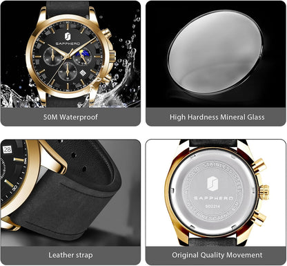 HOTSAPPHERO Chronograph Watches for Men, Original Business Casual Stainless Steel Analog Watch 50M Waterproof Luminous Watches with Date Dial, Mens Gift