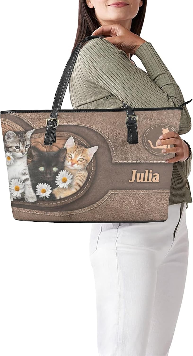 HOTTuoxiukan Personalized Womens Purses And Handbags With Wallet 2 Pieces Ladies Cat Wristlet Wallets Purse 2 IN 1 Waterproof Custom Name Tote Bags PU Leather, Customized Birthday Gifts for Cat Lovers