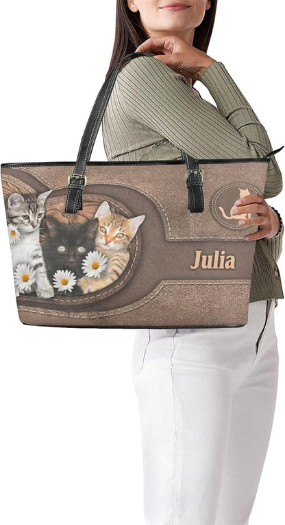 HOTTuoxiukan Personalized Womens Purses And Handbags With Wallet 2 Pieces Ladies Cat Wristlet Wallets Purse 2 IN 1 Waterproof Custom Name Tote Bags PU Leather, Customized Birthday Gifts for Cat Lovers