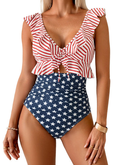 HOTEomenie One Piece Swimsuit for Women Tummy Control Ruffle Bathing Suit | V Neck Ruched Swim Suit, Slimming Cutout Swimwear, Tie Back