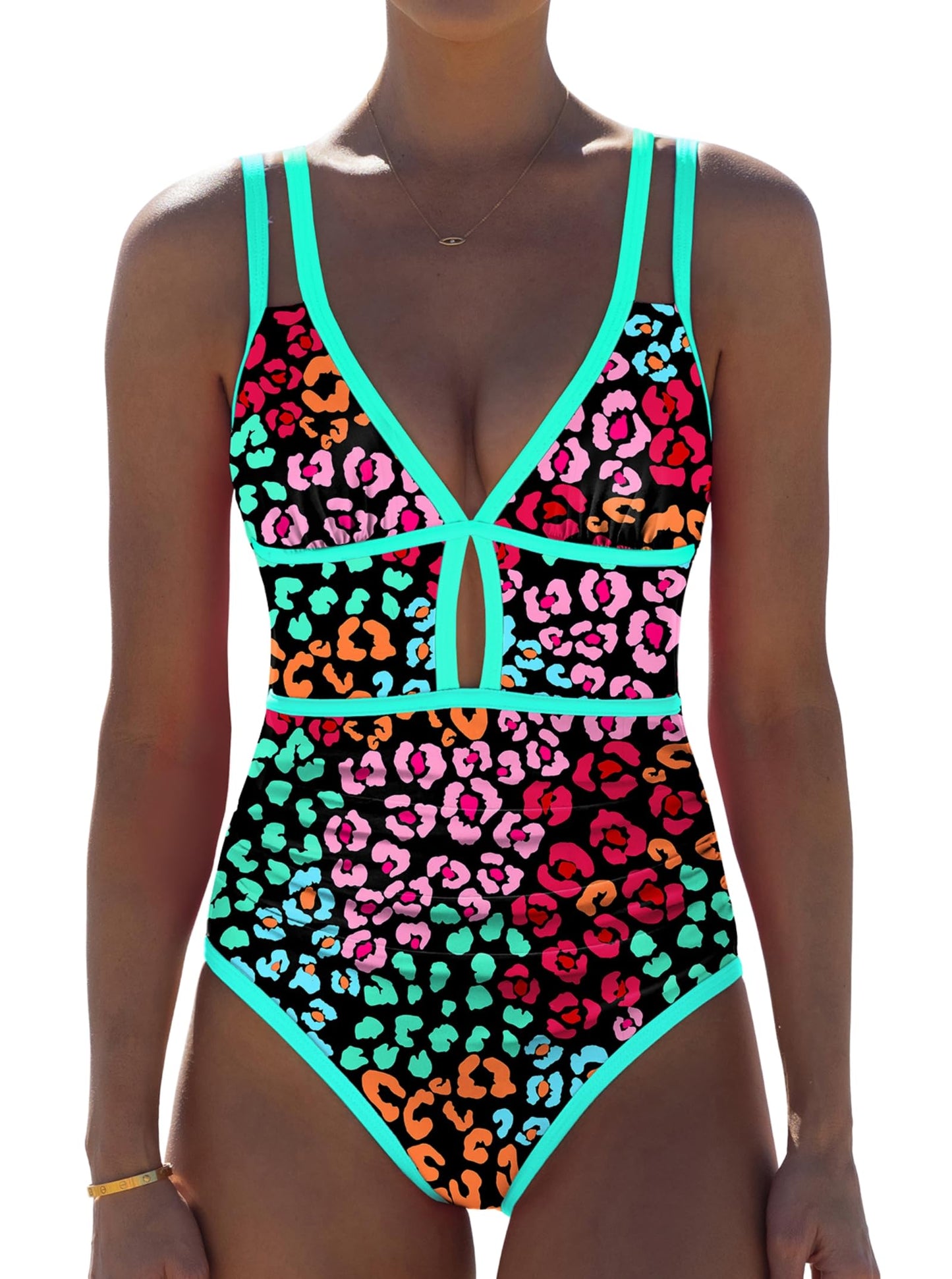 HOTpopvil Women One Piece Swimsuit 2026 Neon Tummy Control Bathing Suit | Tummy Ruched Design, Color Block, Cutout Design, Deep V Neck, Back tie,Adjustable Straps, Neon Trim,Vacation,Beach