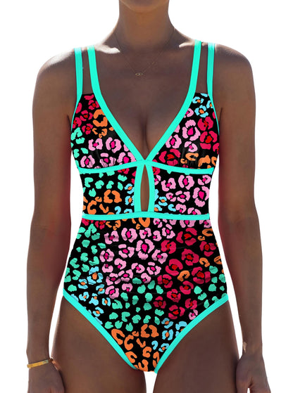 HOTpopvil Women One Piece Swimsuit 2026 Neon Tummy Control Bathing Suit | Tummy Ruched Design, Color Block, Cutout Design, Deep V Neck, Back tie,Adjustable Straps, Neon Trim,Vacation,Beach