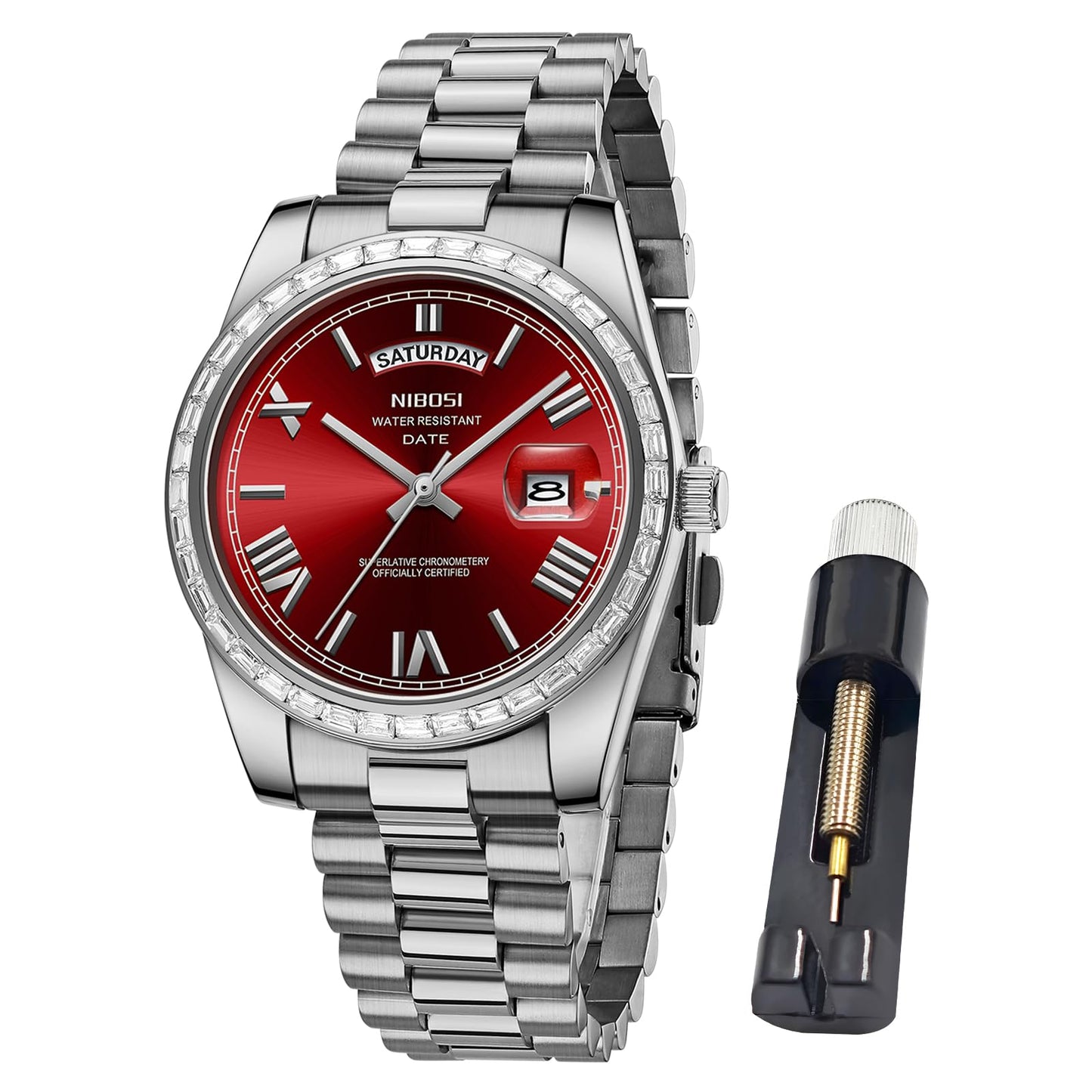 HOTNIBOSI Men's Watches Analog Quartz Diamond Bezel Stainless Steel Dial Rose Gold Silver Watches for Men Waterproof Business Classic Dress Wrist Watch with Day Date