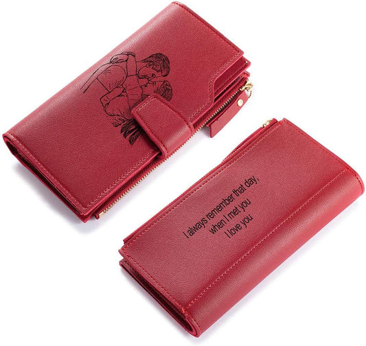 HOTLovejewelry Personalized Wallets for Women Photo Engraved PU Leather Trifold Wallet Credit Card Clutch Long Wallet for Girlfriend Mom Mother’s Day (Red -2), Wa-100359