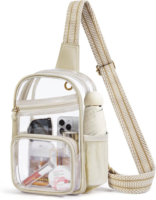 HOTMissnine Clear Bag for Stadium Events Clear Sling Bag Fanny Pack Crossbody Purse for Sport Concert with Side Mesh Pocket