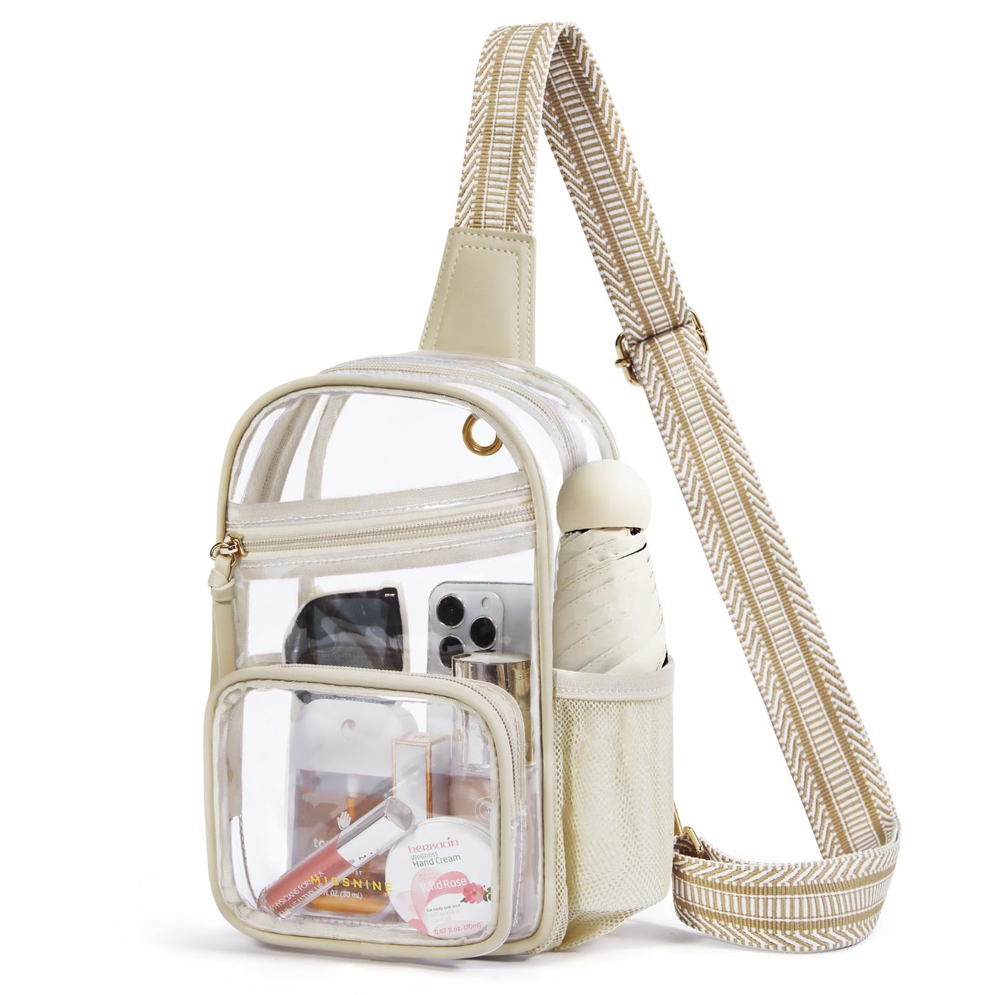 HOTMissnine Clear Bag for Stadium Events Clear Sling Bag Fanny Pack Crossbody Purse for Sport Concert with Side Mesh Pocket