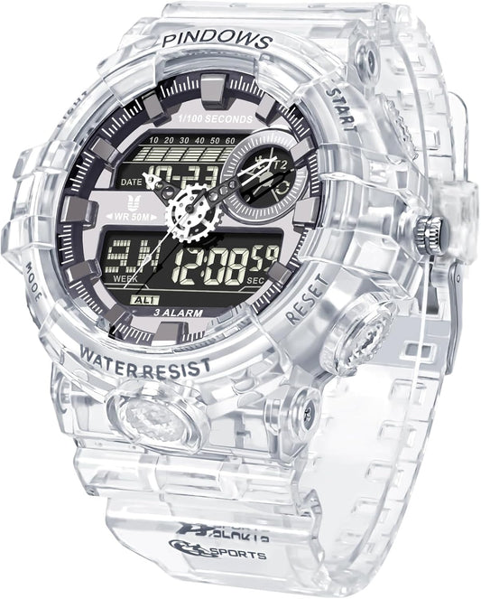HOTPINDOWS Watches for Men, Transparent Gold Analog Digital Dual Time 50M Waterproof, LED Backlight Multifunctional with Alarms, Stopwatch, Ideal for Sports, Outdoor Activities, and Daily Wear