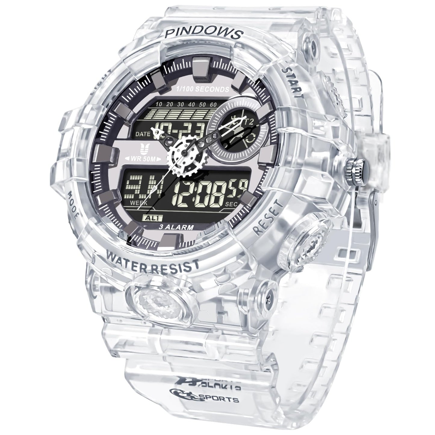 HOTPINDOWS Watches for Men, Transparent Gold Analog Digital Dual Time 50M Waterproof, LED Backlight Multifunctional with Alarms, Stopwatch, Ideal for Sports, Outdoor Activities, and Daily Wear