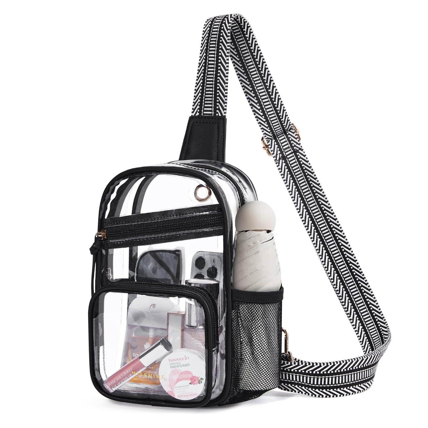 HOTMissnine Clear Bag for Stadium Events Clear Sling Bag Fanny Pack Crossbody Purse for Sport Concert with Side Mesh Pocket