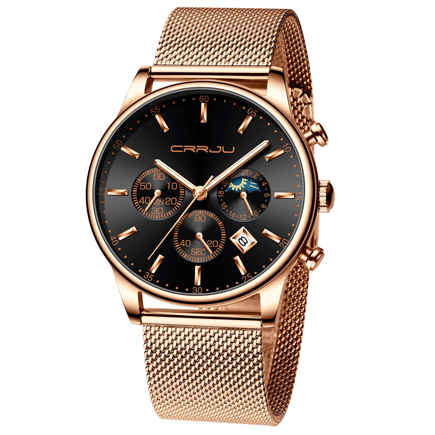 HOTCRRJU Men's Fashion Casual Watches Auto Date Chronograph Watch Men Nice Work Watches Waterproof 30M Full Steel Quartz with Mesh Strap