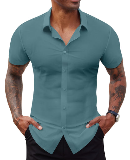 HOTLion Nardo Stretch Dress Shirts for Men Short Sleeve Slim Fit Casual Button Down Shirts Muscle Fit Men's Dress Shirts