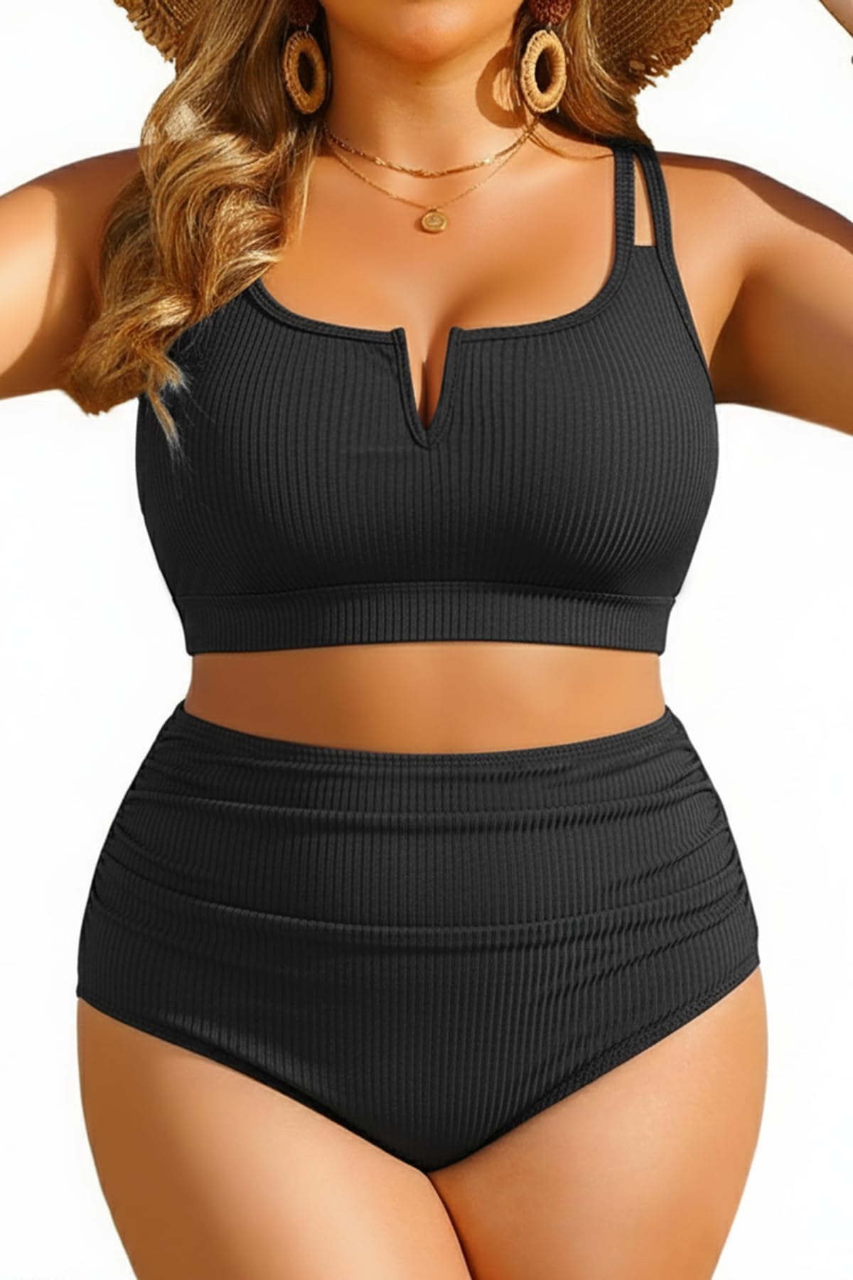 HOTWomen Plus Size High Waisted Bikini Ribbed Two Piece Tummy Control Swimsuit | V-Wired Bathing Suit, Adjustable Straps, Full Coverage, Full Lining
