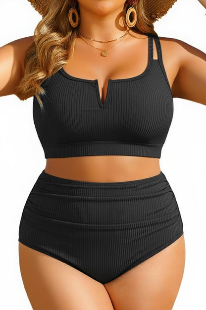 HOTWomen Plus Size High Waisted Bikini Ribbed Two Piece Tummy Control Swimsuit | V-Wired Bathing Suit, Adjustable Straps, Full Coverage, Full Lining