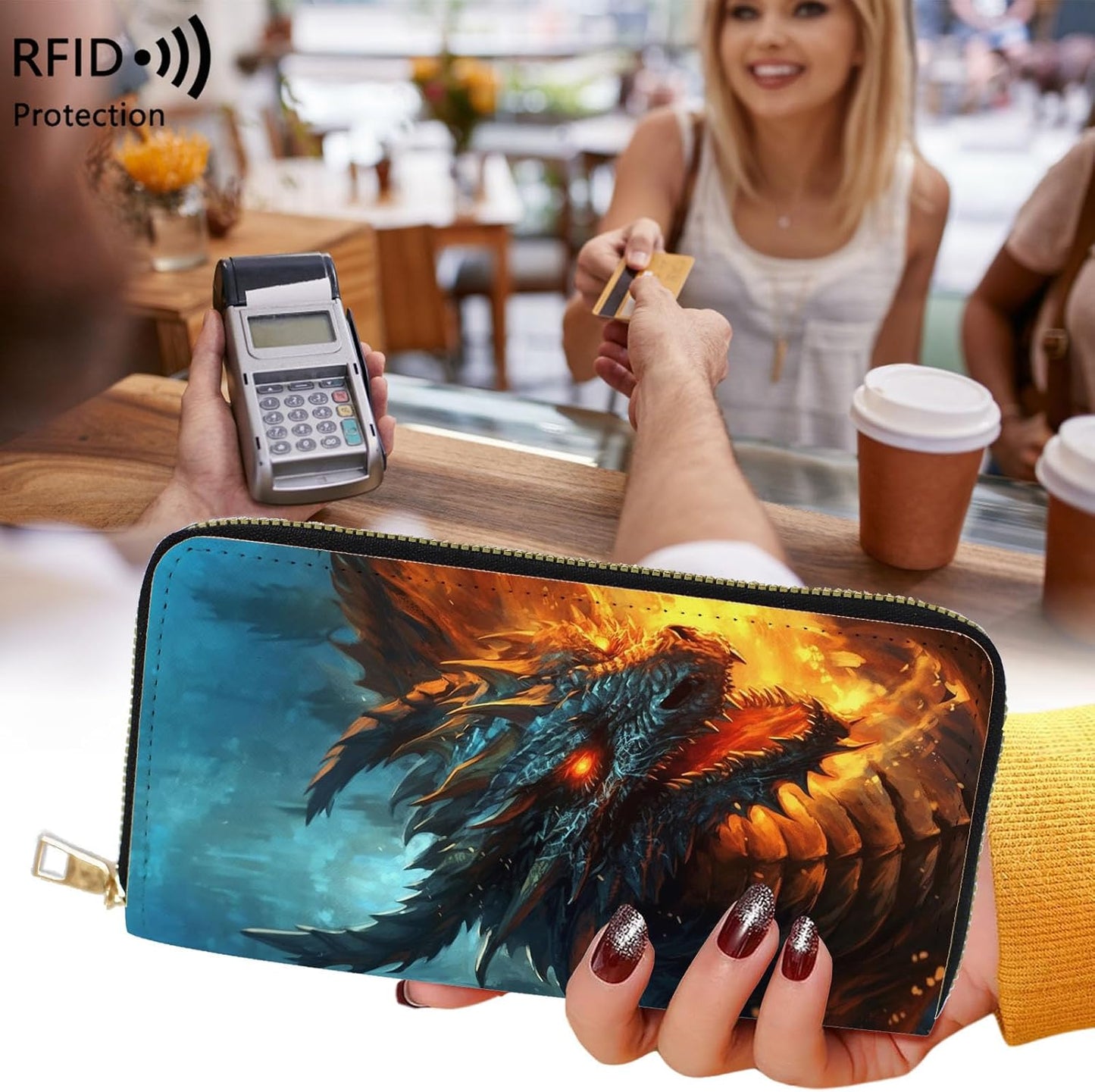 HOTWomens Wallet,RFID Blocking Large Capacity Clutch,Zip Around Leather Purse with 8 Card Slots,Bill Compartments Coin Pocket - Dragon
