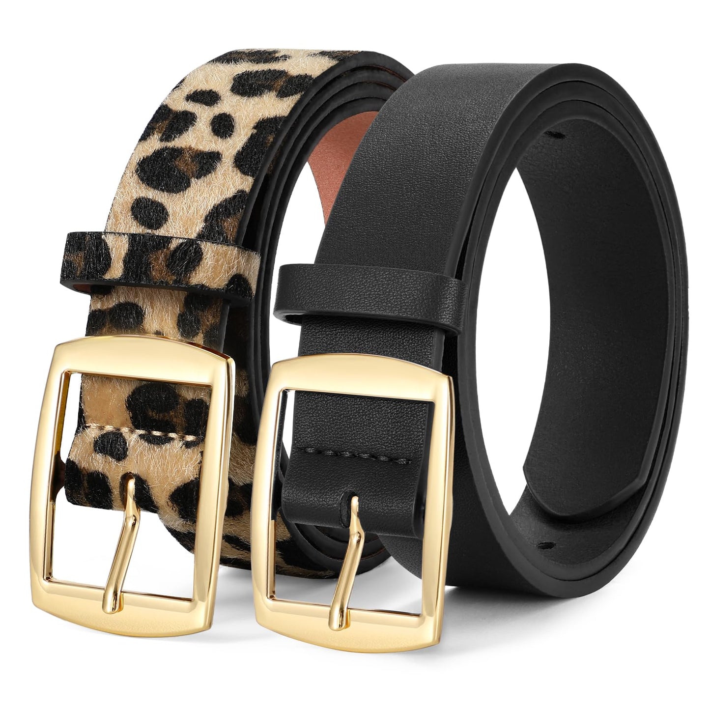 HOTWERFORU 2 Pack Women Leather Belts for Jeans Pants Fashion Leather Belts for Women Waistband with Gold Pin Buckle