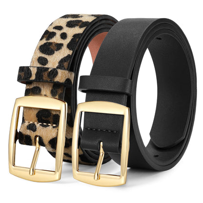 HOTWERFORU 2 Pack Women Leather Belts for Jeans Pants Fashion Leather Belts for Women Waistband with Gold Pin Buckle