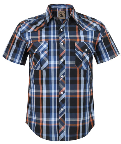 HOTCOEVALS CLUB Men's Western Cowboy Short Sleeve Pearl Snap Casual Plaid Work Shirts
