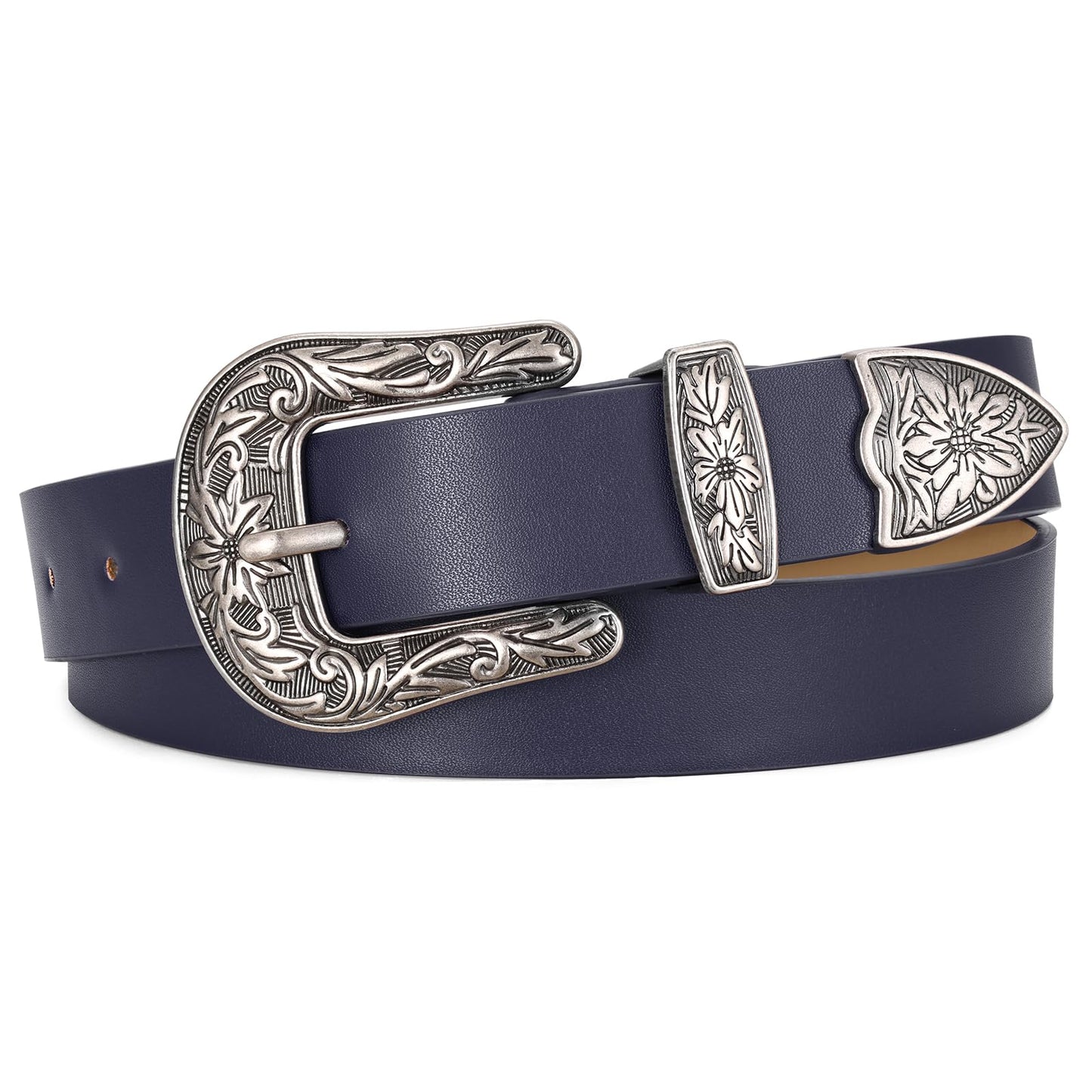 HOTJASGOOD Women Leather Belts Ladies Vintage Western Design Black Waist Belt for Pants Jeans Dresses