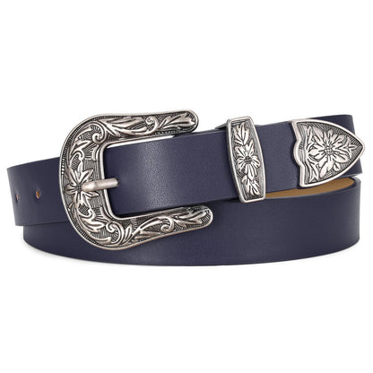 HOTJASGOOD Women Leather Belts Ladies Vintage Western Design Black Waist Belt for Pants Jeans Dresses