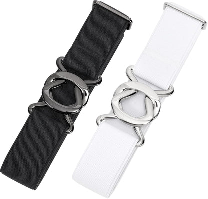 HOTJASGOOD Women No Show Stretch Belt 2 Pack Adjustable Elastic Web Belt with Flat Buckle for Jeans Pants Casual Belts
