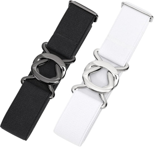 HOTJASGOOD Women No Show Stretch Belt 2 Pack Adjustable Elastic Web Belt with Flat Buckle for Jeans Pants Casual Belts