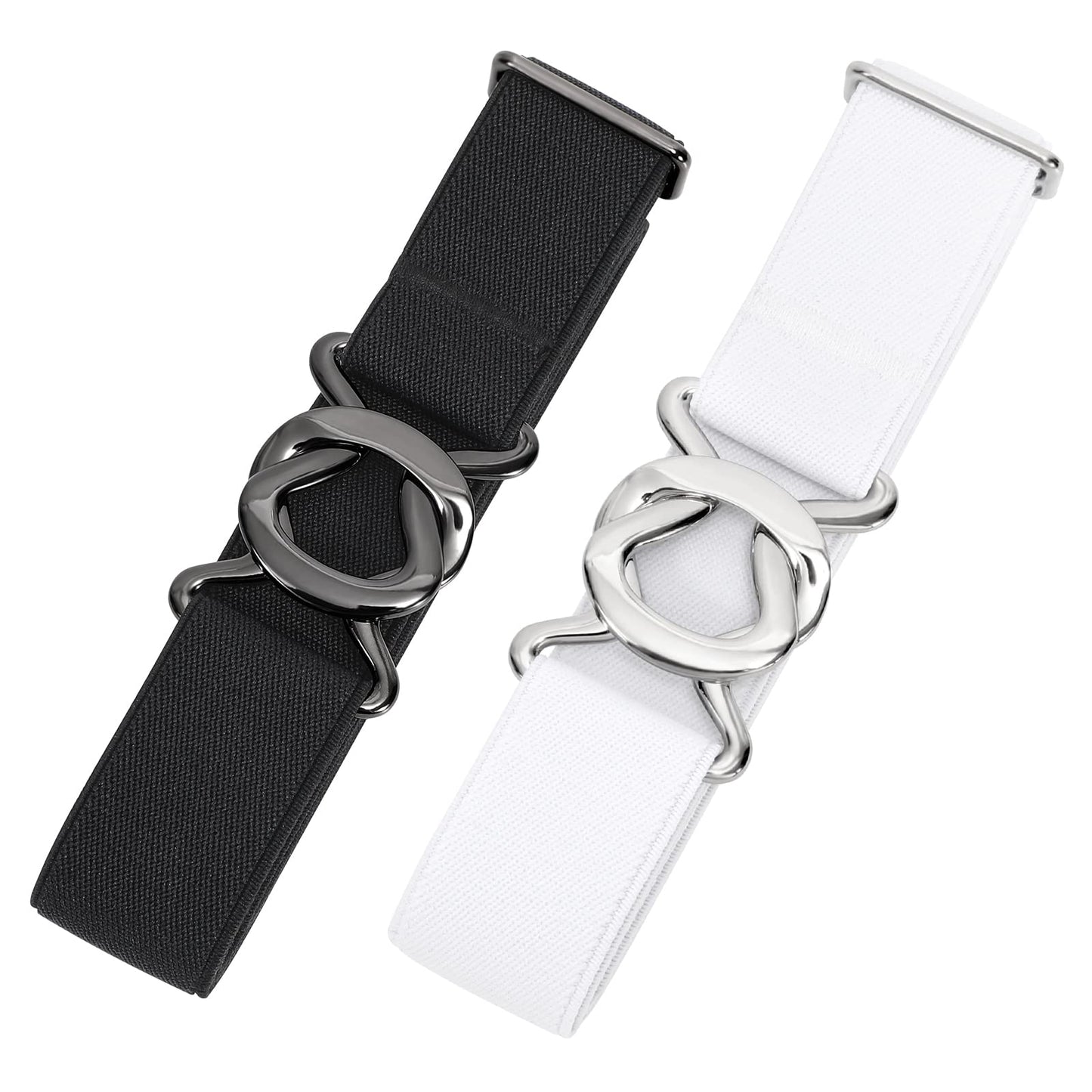HOTJASGOOD Women No Show Stretch Belt 2 Pack Adjustable Elastic Web Belt with Flat Buckle for Jeans Pants Casual Belts