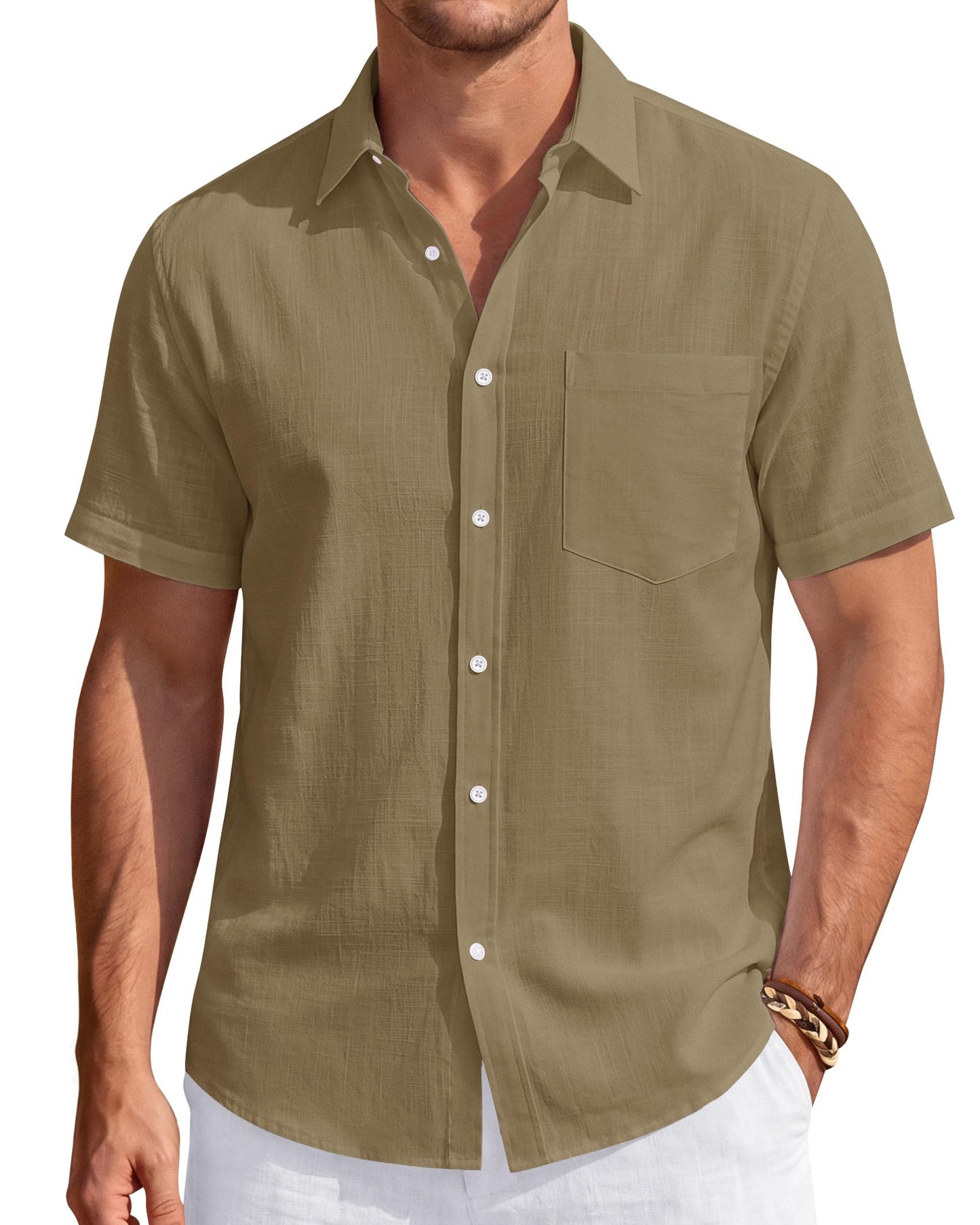 HOTJ.VER Mens Linen Shirt Short Sleeve Button Down Casual Summer Shirts | Cotton Linen, Untucked, Big Tall, from Beach Camp Vacation, Cruise Fishing, Work Office, to Wedding Party Family, with Pocket