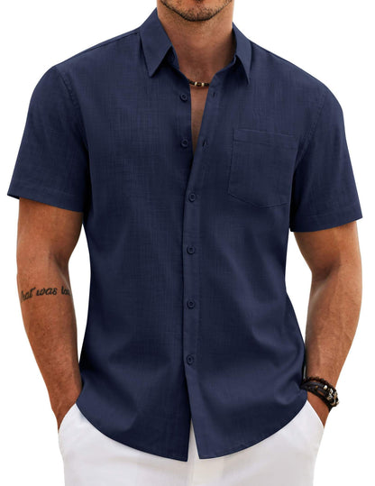 HOTCOOFANDY Men's Button Down Short Sleeve Shirt Casual Cotton Summer Beach Wedding Linen Shirts with Pocket