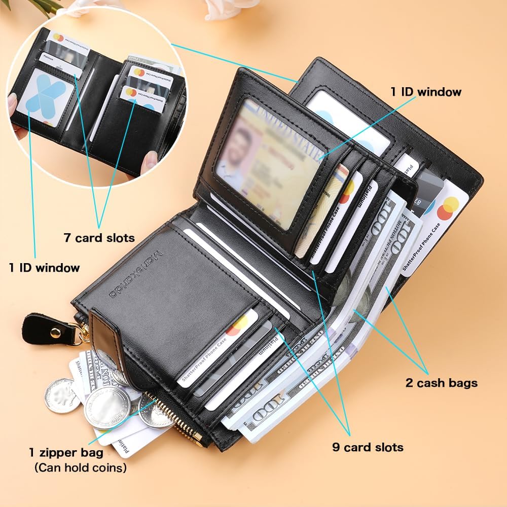 HOTNoble and elegant women's leather wallet, sequins, detachable ID card holder, short three fold style, zipper and snap closure, RFID shielding to protect credit cards, foldable wallet (Black)