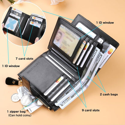 HOTNoble and elegant women's leather wallet, sequins, detachable ID card holder, short three fold style, zipper and snap closure, RFID shielding to protect credit cards, foldable wallet (Black)