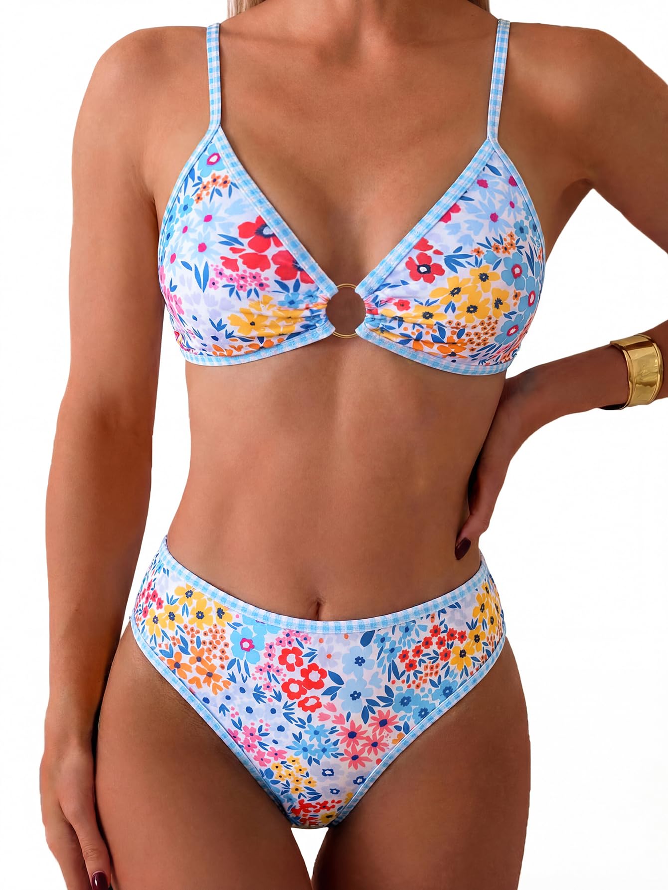 HOTTainehs Women's Two Piece Bikini Sets O Ring Front Top Ditsy Floral Triangle Swimsuits Cheeky Bathing Suit