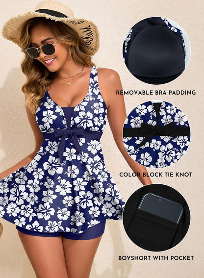 HOTAleumdr Women Printed Two Piece Tankini Swimsuits Tummy Control Swim Dress High Waisted Boyshort with Pockets