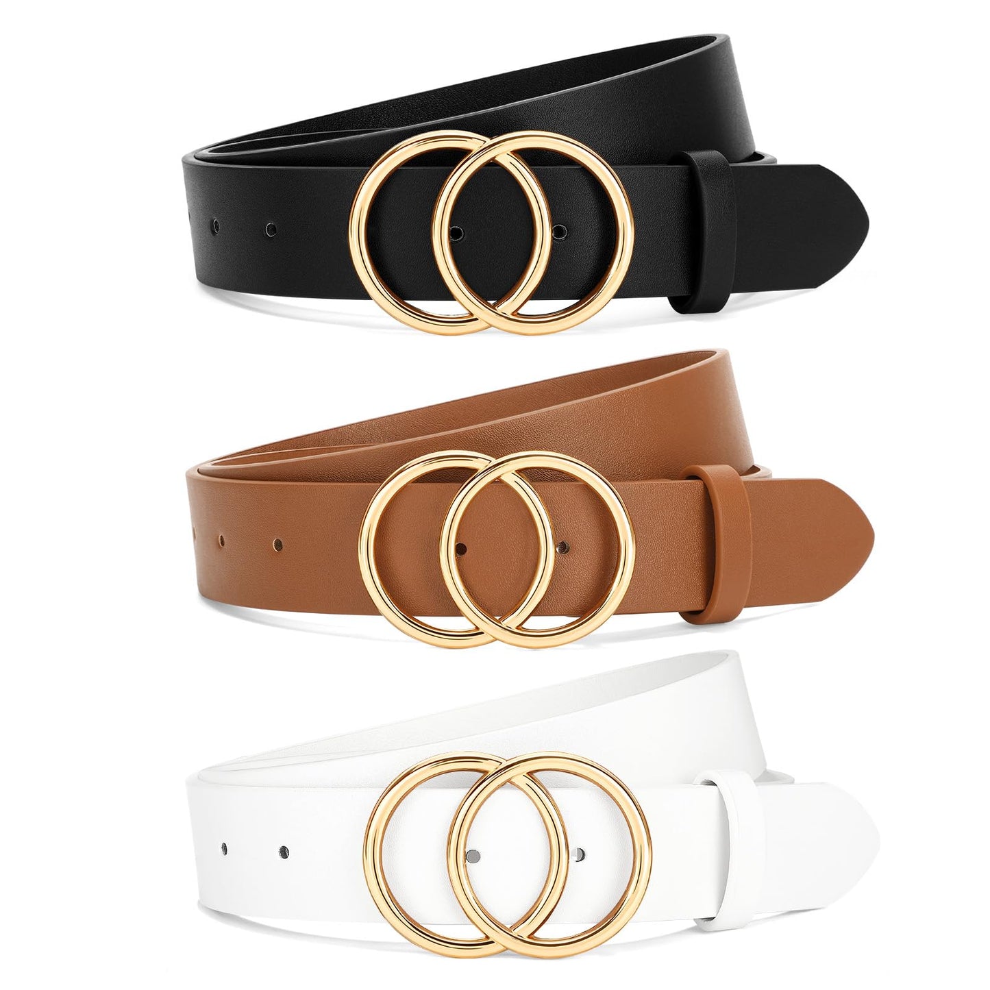 HOTSANSTHS 3 Pack Women Waist Belts for Jeans Pants Dresses, Ladies Belt with Double O-Ring Gold Buckle