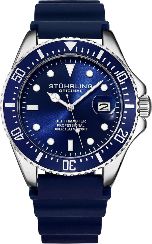 HOTStuhrling Original Men's Watch Dive Watch Silver 42 MM Case with Screw Down Crown Rubber Strap Water Resistant to 330 FT
