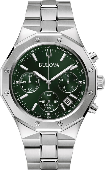 HOTBulova Men's Classic 6-Hand Chronograph High Performance Quartz Silver Stainless Steel Watch, Green Dial,Geometric Bezel 24 Hour Time, 44mm, Style:96B409