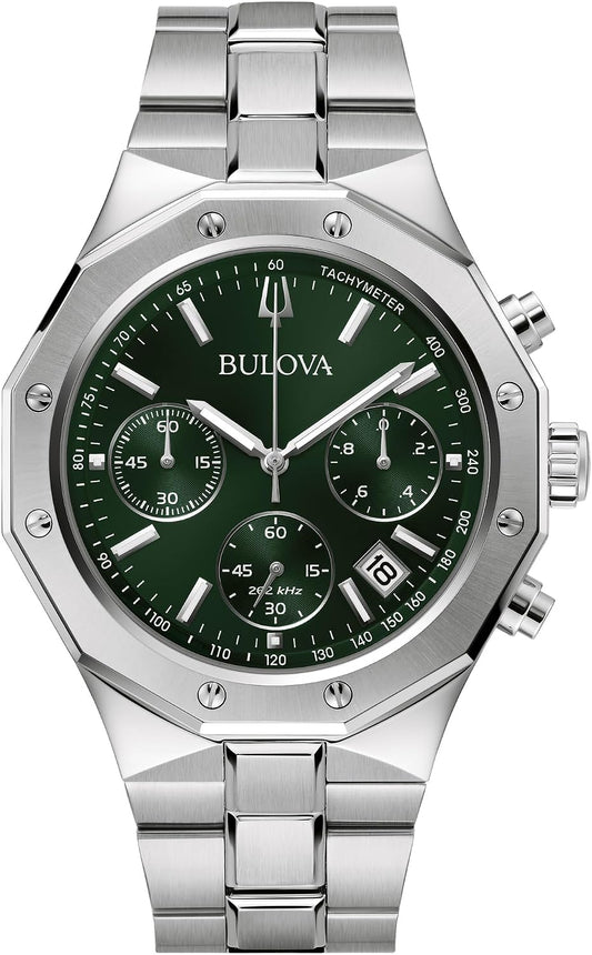 HOTBulova Men's Classic 6-Hand Chronograph High Performance Quartz Silver Stainless Steel Watch, Green Dial,Geometric Bezel 24 Hour Time, 44mm, Style:96B409