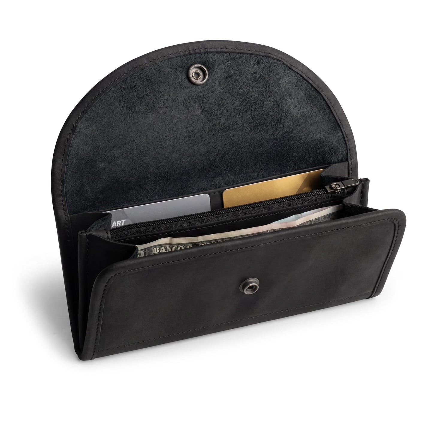 HOTHide & Drink, Full Grain Leather Snap Clutch Wallet for Women, Money Holder and Card Organizer with Zippered Pouch, Handmade, Bourbon Brown