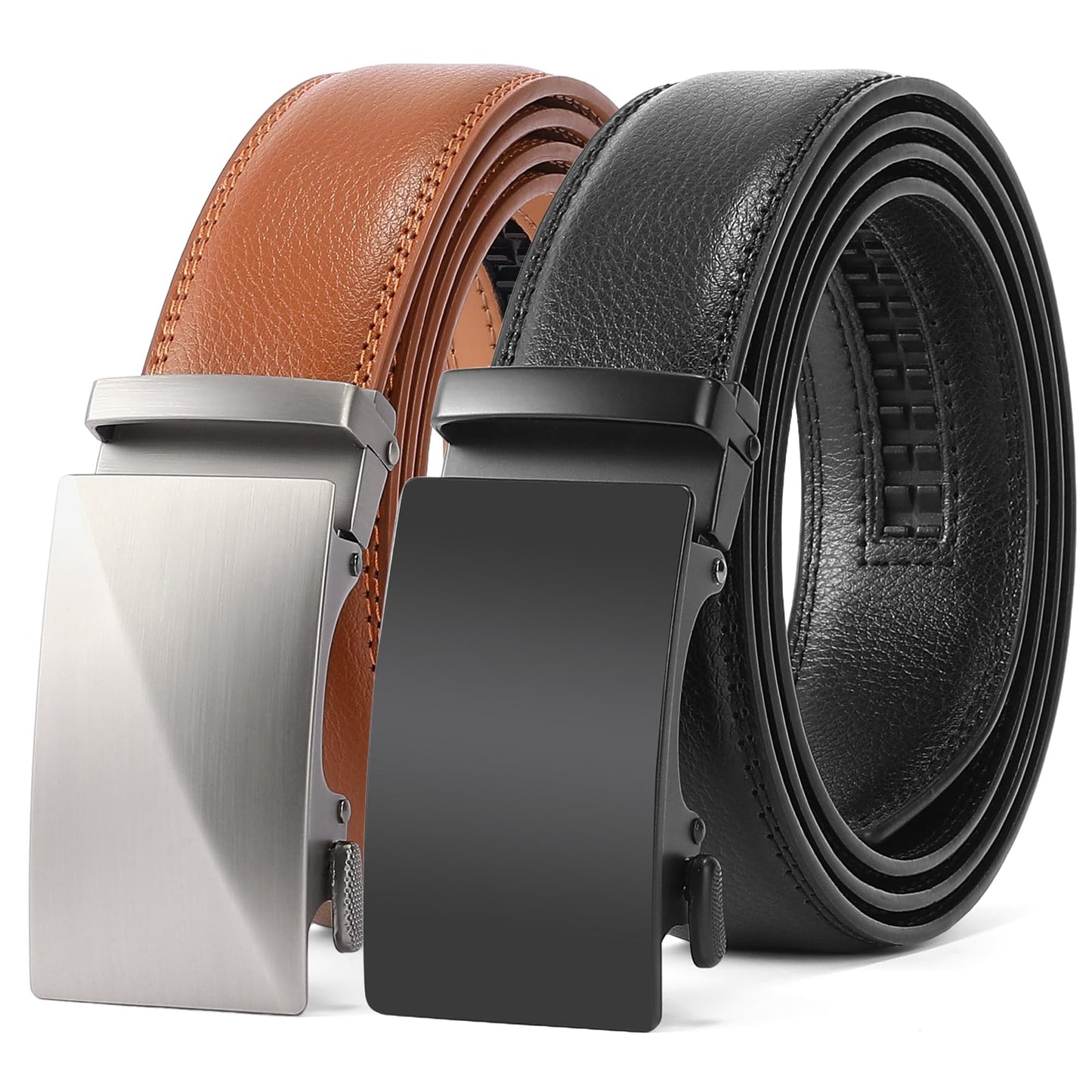 HOTSENDEFN 2 Pack Ratchet Belt Men, Men Leather Belts in Gift Set Box for Dress Casual, Size Adjustable Trim to Fit